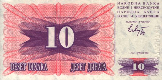 Bosnia and Herzegovina - 10 Dinara (1992) - Pick 10