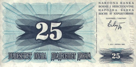 Bosnia and Herzegovina - 25 Dinara (1992) - Pick 11